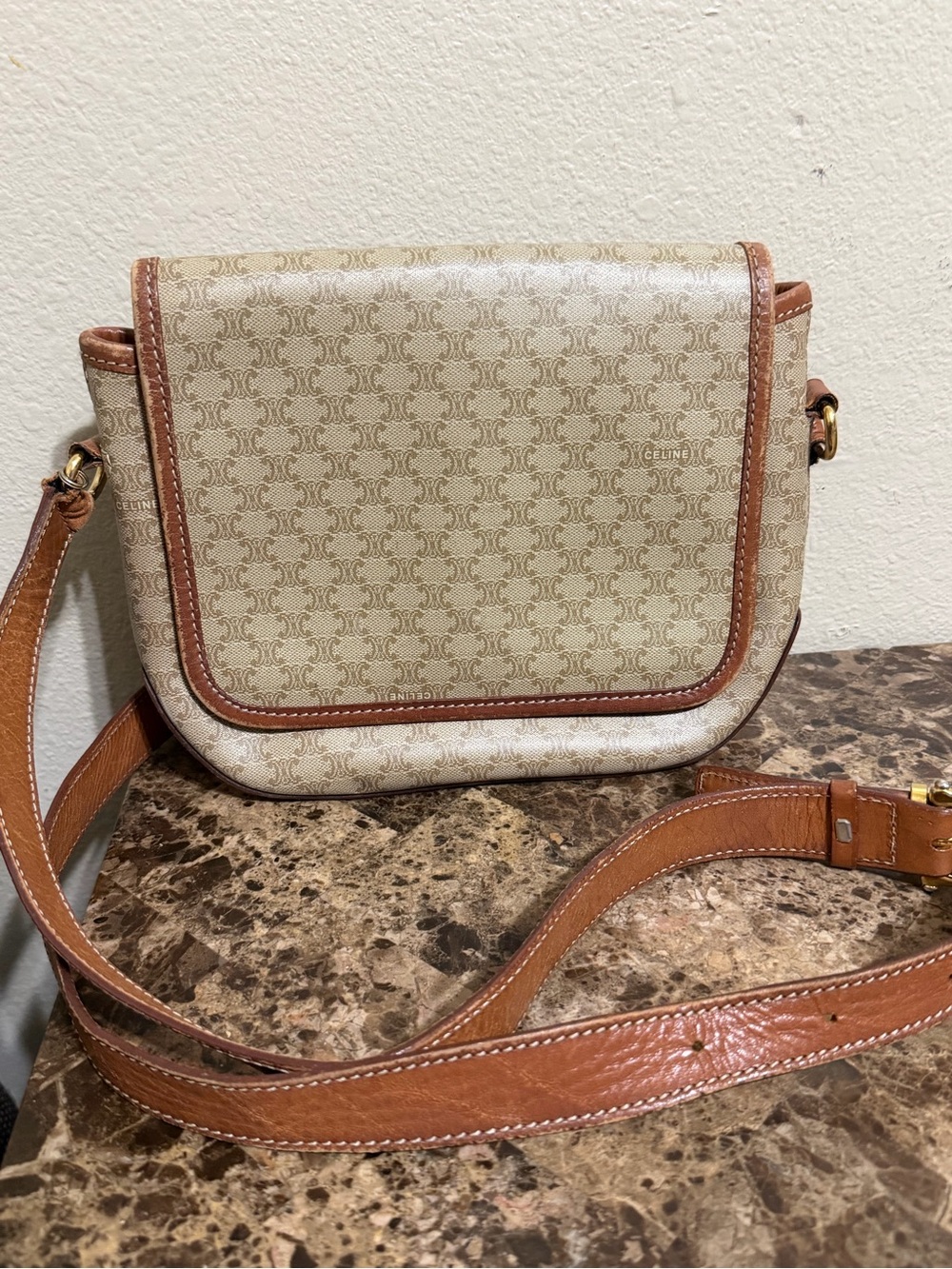 Celine Beige Canvas Crossbody with Brown Leather Trim